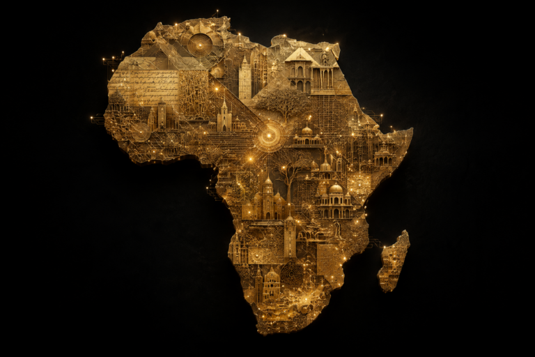 A luminous gold map of Africa formed from architecture, archival records and interconnected ideas on a black background.